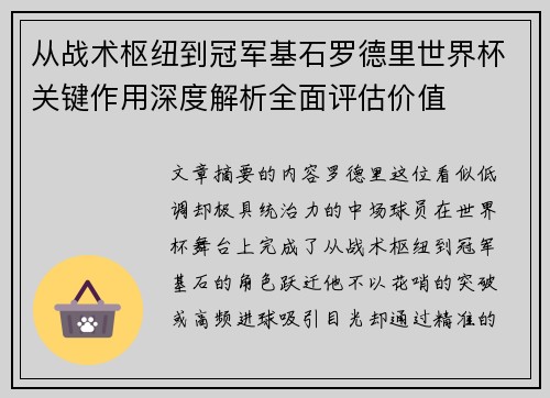从战术枢纽到冠军基石罗德里世界杯关键作用深度解析全面评估价值