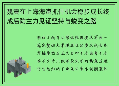 魏震在上海海港抓住机会稳步成长终成后防主力见证坚持与蜕变之路